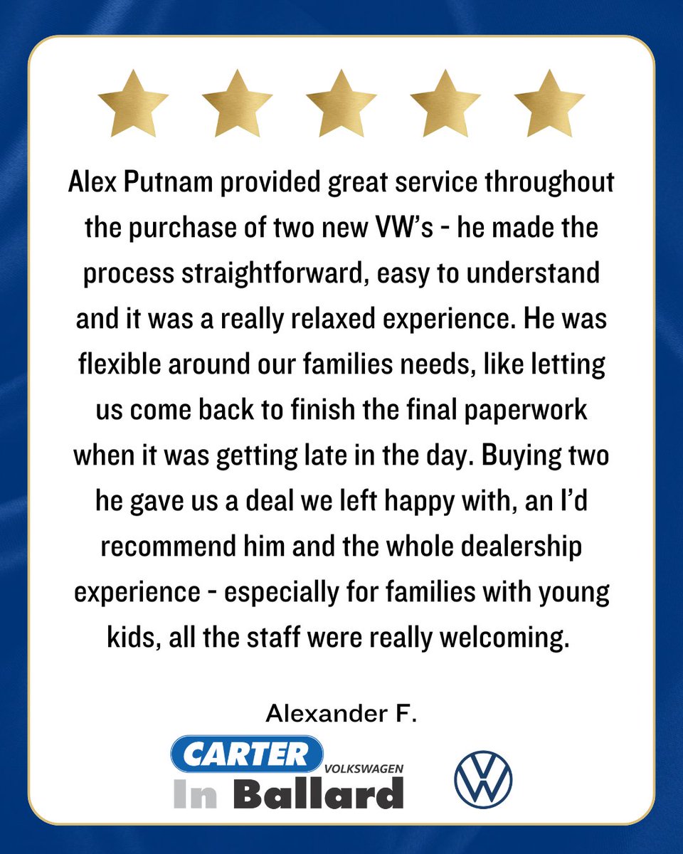 CarterVW's tweet photo. Another Happy Customer! ⭐ ⭐ ⭐ ⭐ ⭐ We're not just here for you, we are here for the whole family! https://t.co/EBqPh01bys
