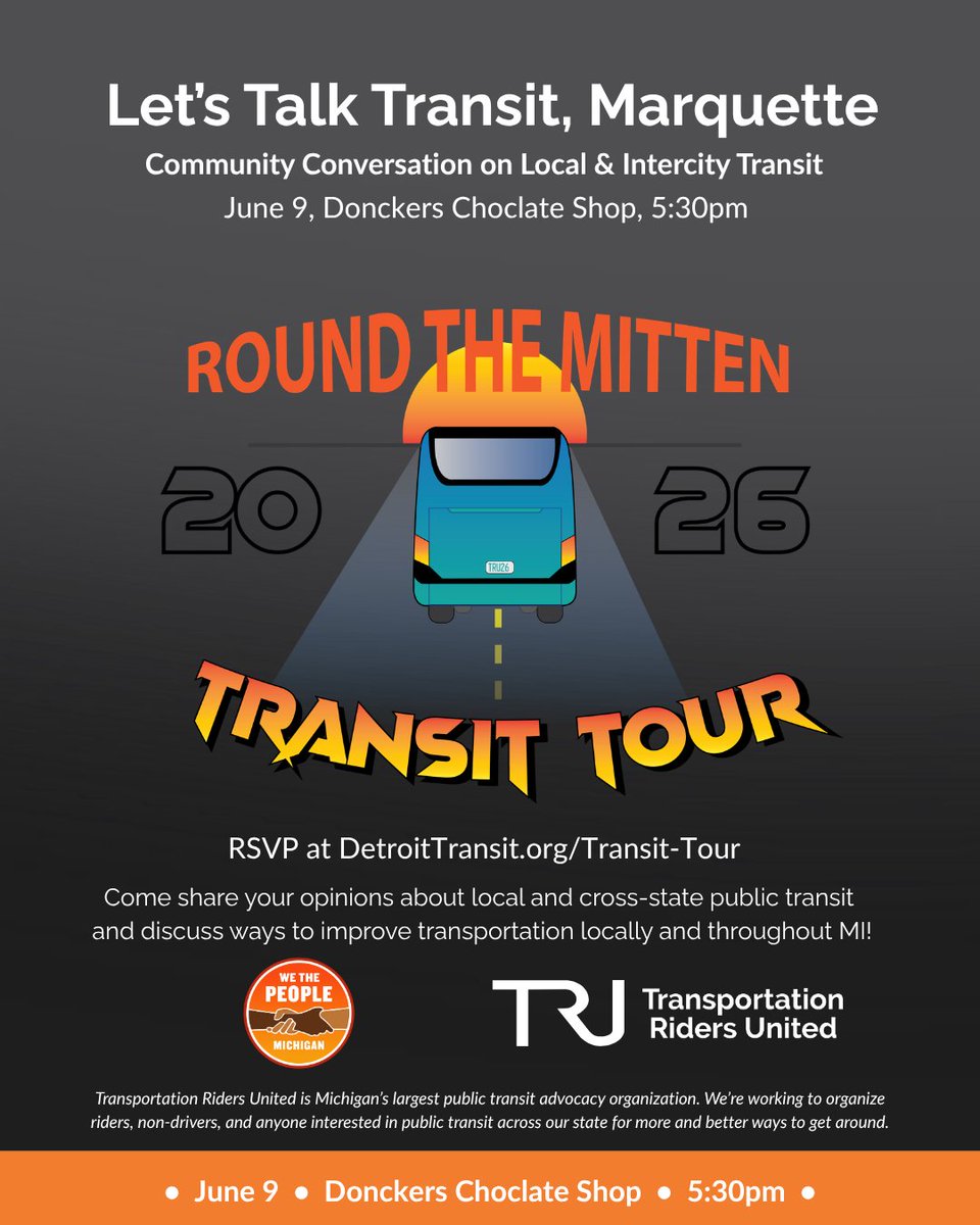 DetroitTransit's tweet photo. Alpena, Marquette, and Traverse City, let's talk about transit in your communities! Join us on June 6, 9, and 10 at our community conversations in your cities on our Round-the-Mitten transit tour, so we can organize for transit.

RSVP at https://t.co/TQm9F9iiur https://t.co/2Kyo9B1BH8