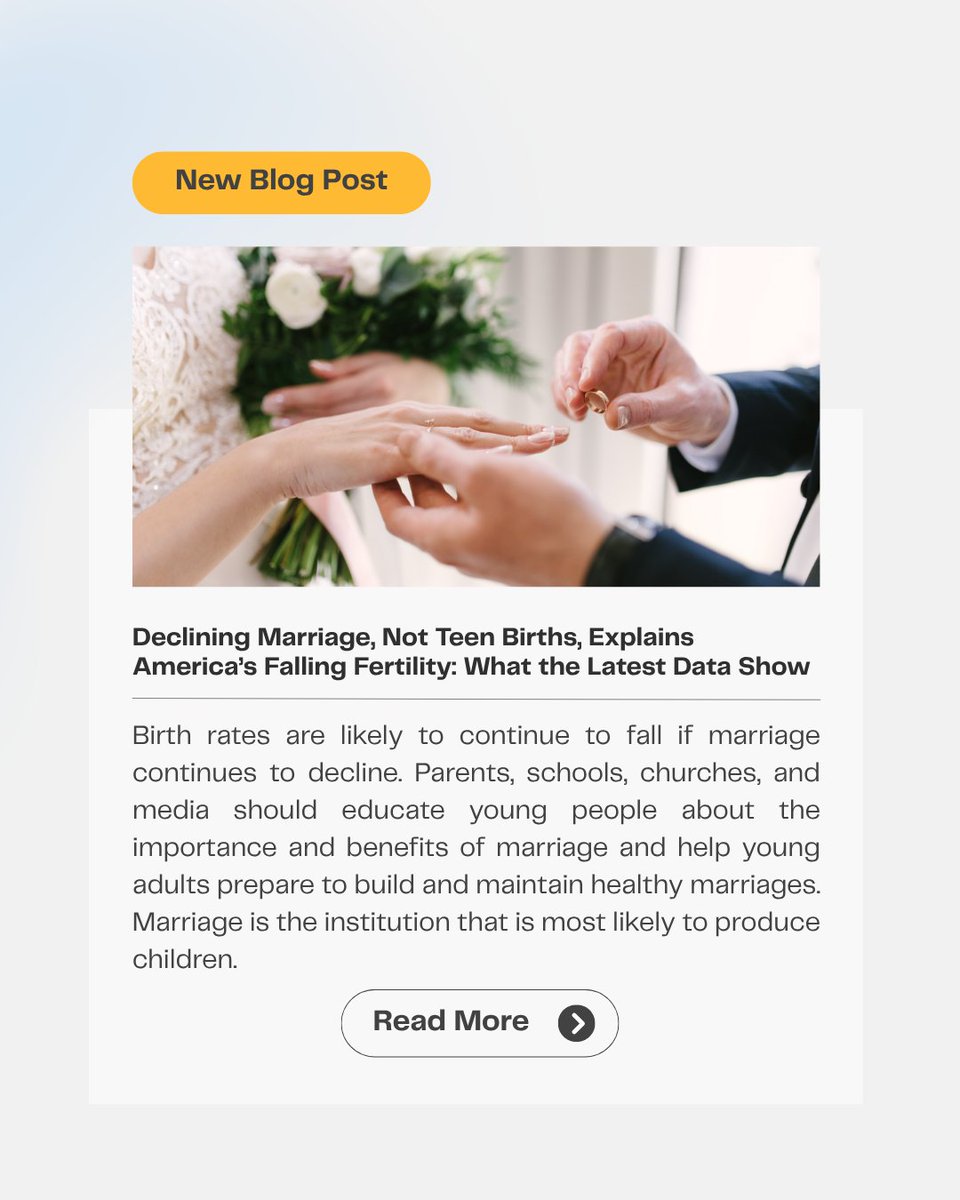 AM_Partnership's tweet photo. As marriage rates decline, birth rates are expected to continue decreasing. It's essential for parents, schools, churches, and media to inform young people about the significance and advantages of marriage, equipping them to build and sustain healthy relationships. Marriage is the institution most likely to lead to parenthood and creates the optimal environment for child development. Thus, it plays a vital role in the nation's current and future well-being. Restoring the importance of marriage will necessitate both cultural shifts and policy changes that align with this new perspective. This blog is directly from @RachelSheffield2 article at @heritage foundation. Full article here: 
https://t.co/6PMGLLwcvY
#MarriageMatters #FutureGenerations 💍👶