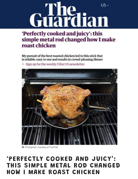PoulTreeStore's tweet photo. The PoulTree gets reviewed in 'The Guardian':
"Perfectly cooked and juicy: This simple metal rod changed how I make roast chicken
My pursuit of the best roasted chicken led to this stick...
https://t.co/oAOdvPlwnC
#TheGuardian #PoulTree #PoulTreeReviews https://t.co/ot6N1uwWft