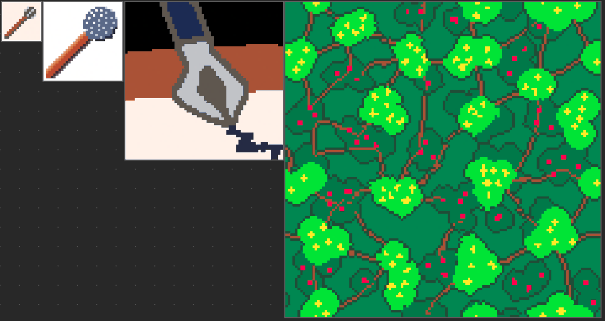 marcel0ll's tweet photo. Day 4: Experimenting a little
Tried to draw a mace at 16x16 and 32x32
That was supposed to a pen at 64
And some repeating bushes at 128

I am using my editor Novaboard for these, check it out on itch!

#ドット絵 #pixelart #dotpict #novaboard https://t.co/48wsSxZxVZ