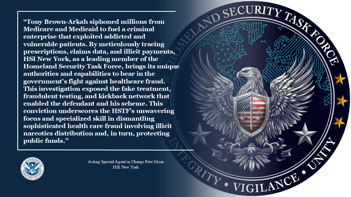 HSINewYork's tweet photo. Homeland Security Task Force secures jury conviction of clinic owner for $52M health care fraud, illegal narcotics distribution, and kickback scheme 

MORE🔽🔽
https://t.co/gQ25WxasPE (@HSTFNCC) https://t.co/GsgEqV6o9e