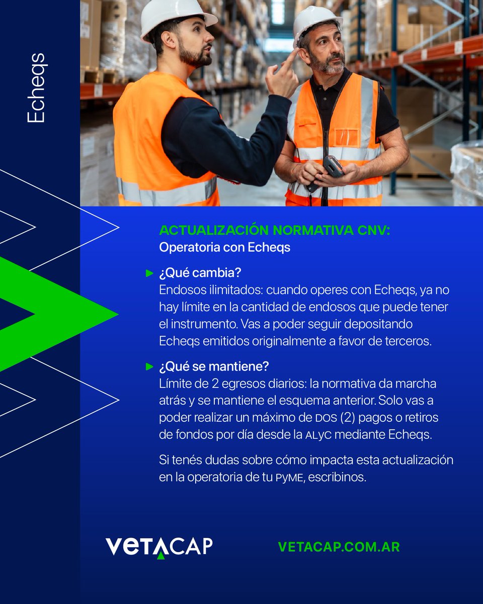 VetaCapital's tweet photo. Actualización de la CNV sobre Echeqs: ¿qué cambia y qué queda igual para la operatoria de tu PyME?

Te lo resumimos fácil:

✅ CAMBIA: Endosos ilimitados. Ya no hay tope para operar con el instrumento.

↩️ SE MANTIENE: Límite de 2 egresos (pagos/retiros) por día desde la ALYC (se dio marcha atrás con el cambio de la semana pasada).

Si tenés dudas sobre cómo impacta esto en tu cuenta, escribinos y te damos una mano.