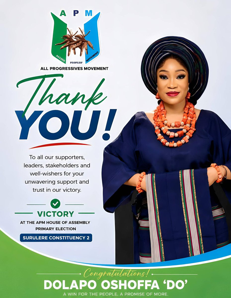 TeamDOmovement's tweet photo. Congratulations to Dolapo Oshoffa ‘DO’ on this well-deserved victory at the APM House of Assembly Primary Election. The journey continues! ✨🗳️

#APM
#DolapoOshoffa
#DO
#SurulereConstituency2
#ForThePeople
#Progress
#TeamDO
#APMVictory

#PeopleFirst https://t.co/QhnbdC8aN8