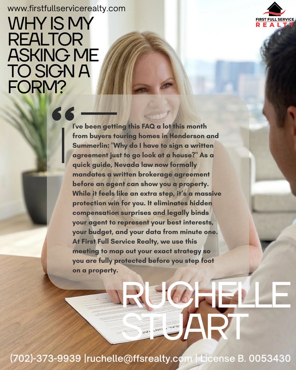 LVRuchelle's tweet photo. Nevada now requires a written agreement before an agent can show you a home,  and it’s there to protect YOU 🏡
It helps prevent surprises, protects your information, and ensures your agent is working in your best interest from the start.
Questions about the 2026 rules? Message me https://t.co/VQqY12chV3