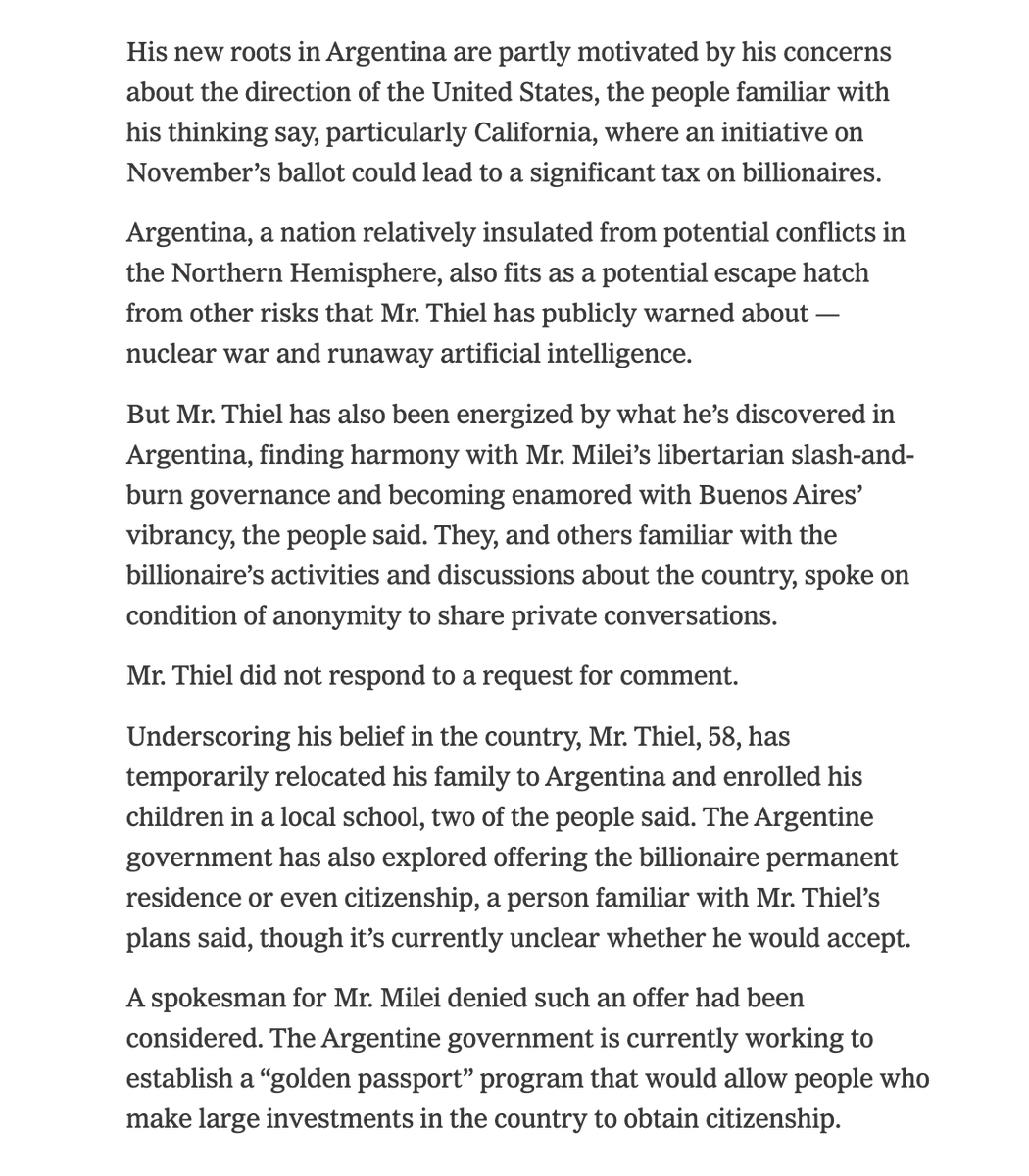 RMac18's tweet photo. As Milei's government readies a golden passport program to given citizenship to those that invest in Argentina, one billionaire has already laid down roots in the country: Peter Thiel. 

The Arg gov has already considered offering Thiel residency or citizenship. https://t.co/oefL69aoeW
