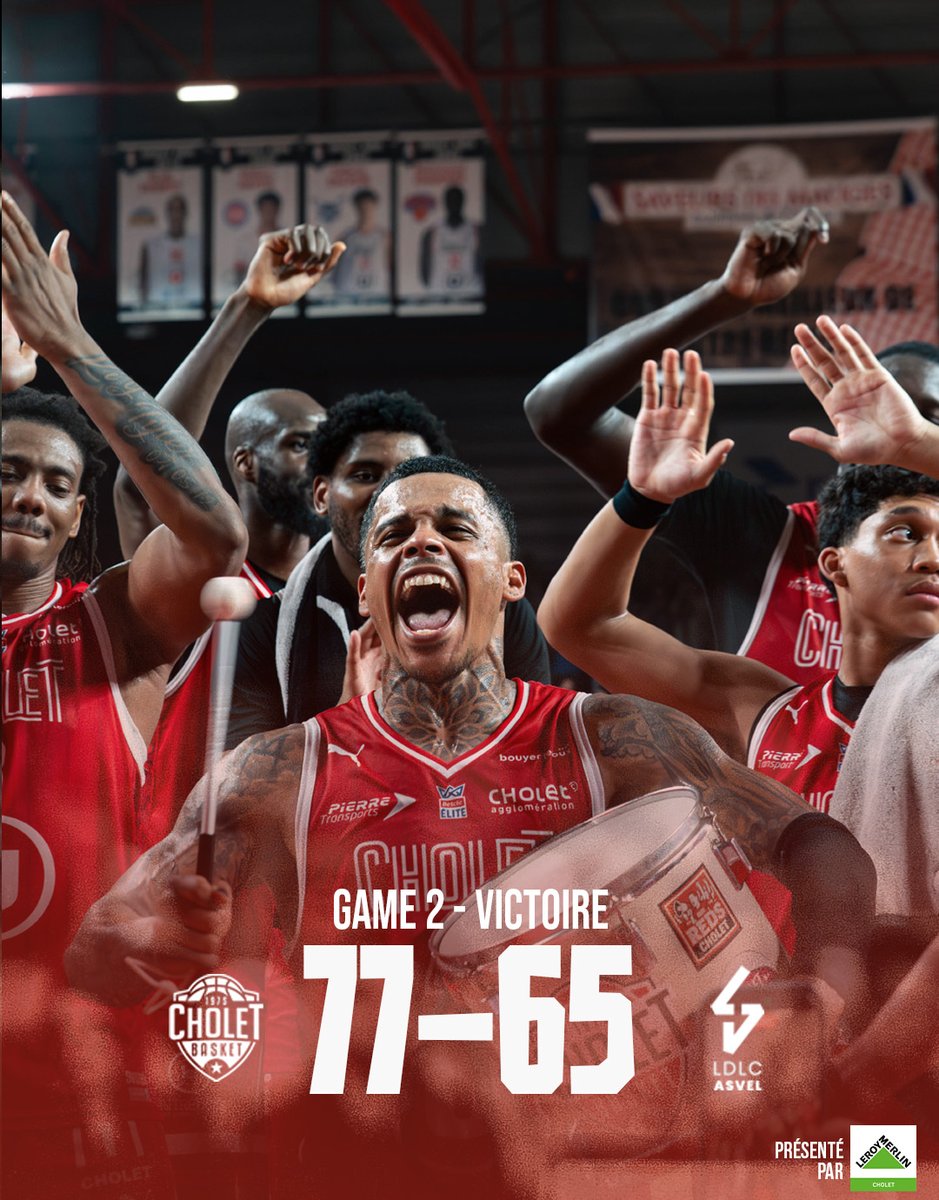 CB_officiel's tweet photo. Grosse victoire ce soir face à l'Asvel. Nos Choletais ont fait la moitié du chemin !  Place au match 3, samedi à 21h à l'Astroballe pour aller chercher une qualification en demi-finale. Allez CB !

Bravo à tous les supporters présents ce soir qui ont mis une ambiance de fou !  Cette victoire est aussi la vôtre !

#CBFAMILY @Betclic_ELITE