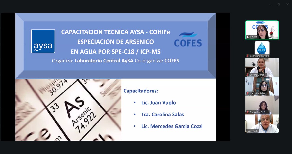 cohife1's tweet photo. Se realizó la capacitación virtual sobre especiación de arsénico en agua, organizada por la Comisión de Calidad de Agua de #Cohife junto a @AySA_Oficial y #COFES. Participaron referentes técnicos de todas las jurisdicciones para seguir fortaleciendo capacidades en gestión hídrica https://t.co/kytd3m7Vf4