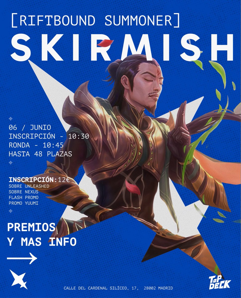 TCGTopDeck's tweet photo. ‼️Ya tenemos fecha para nuestra skirmish de Junio‼️
El dia 6 celebraremos la skirmish donde podéis ganar una caja de Unleashed, tapete de rengar y bye para el regional💙 https://t.co/wuehB0SOdq