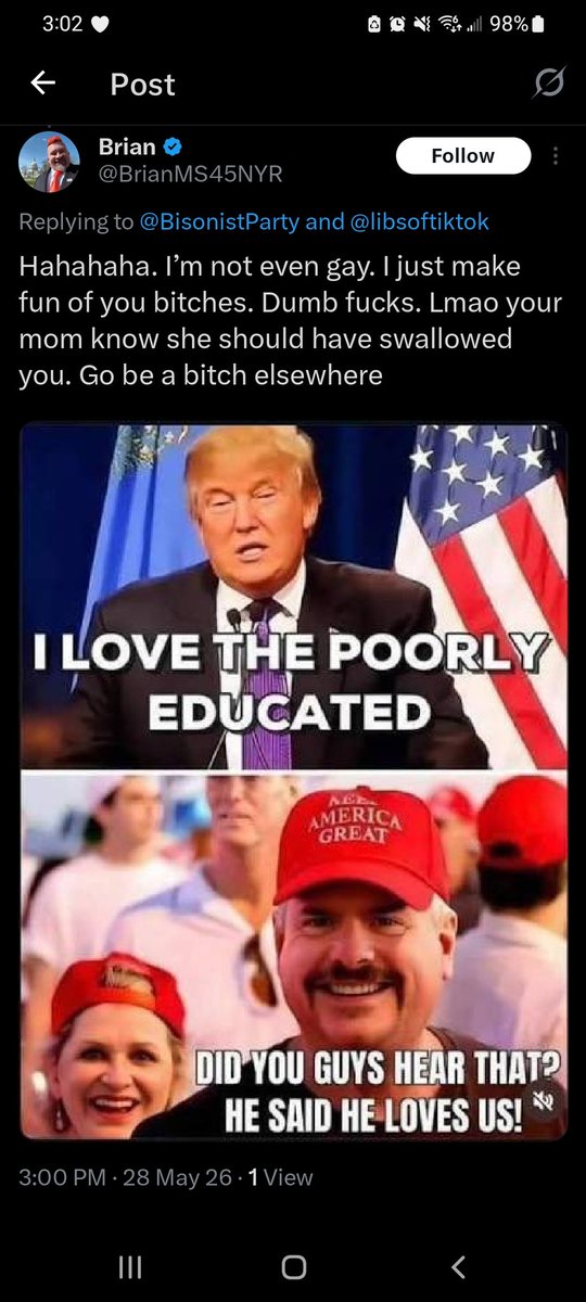 BisonistParty's tweet photo. @BrianMS45NYR @libsoftiktok Super ironic coming from the loser who came at us to bitch (without permission) and just made a fool out of himself. Imagine calling the person who brings receipts dumb or uneducated as you just resort to a tantrum like a child. Its always the ones you most expect. 🫵🤣 https://t.co/JZi70AFSm7