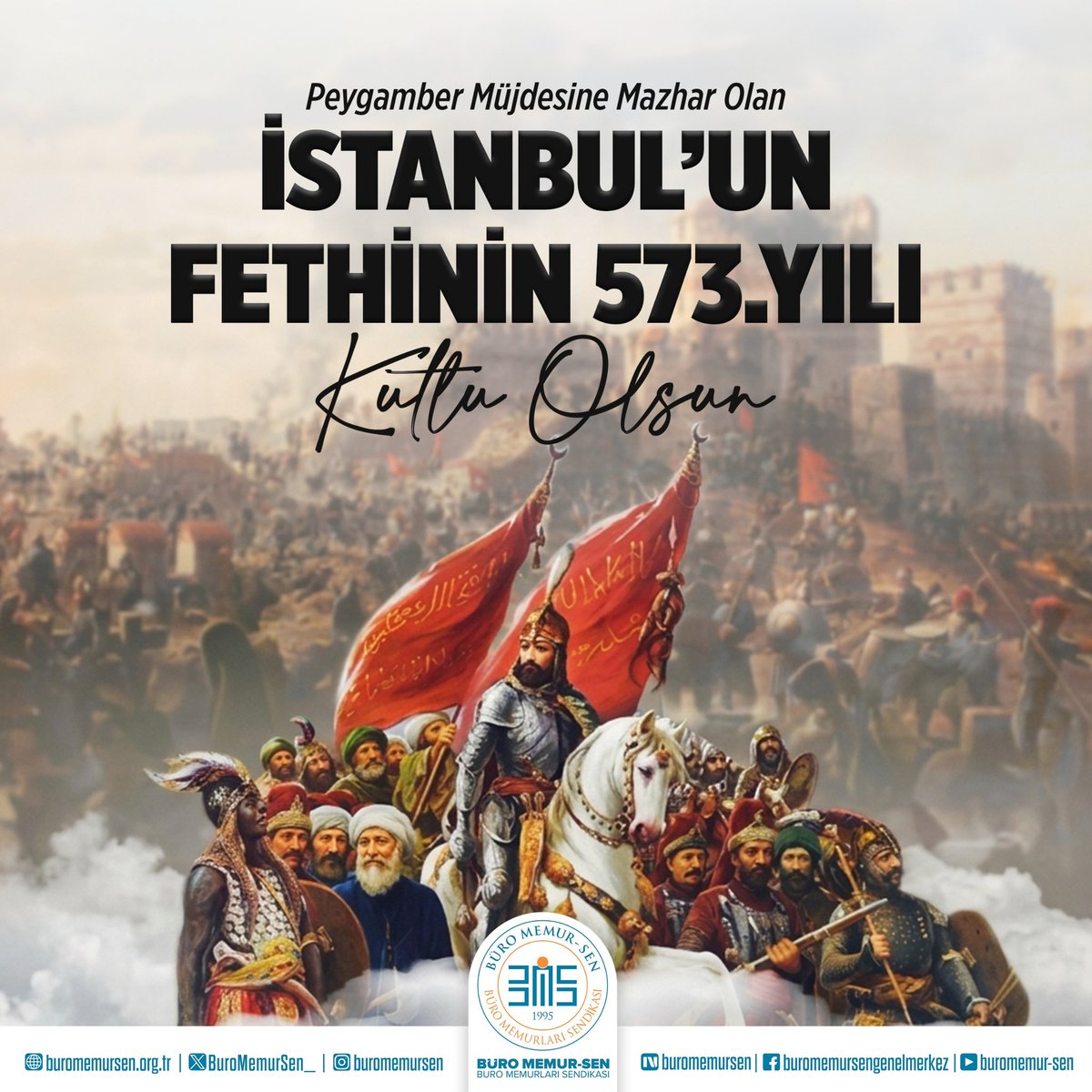 MahmutErgen02's tweet photo. “Letüftehannel Kostantiniyyetü, feleni‘me’l emîru emîruhâ ve leni‘me’l ceyşü zâlike’l ceyş.”

PEYGAMBER MÜJDESİNE MAZHAR OLAN İSTANBUL’UN KUTLU FETHİNİN 573. YILI KUTLU OLSUN. 

Bu büyük fetih yalnızca bir şehrin kapılarının açılması değil, tarihin yönünü değiştiren büyük bir medeniyet yürüyüşüdür. Asırlar boyunca defalarca kuşatılan, surları aşılmaz görülen Konstantiniyye; iman, azim, ilim ve kararlılıkla 29 Mayıs 1453’te fethedilmiş, böylece bir çağ kapanmış, yeni bir çağ başlamıştır.

Henüz 21 yaşında büyük bir ideale gönül veren Fatih Sultan Mehmed Han ve kahraman ordusu; sadece İstanbul’u değil, İslam hoşgörüsü ve Türk'ün kadim töresiyle gönülleri de fethederek; adaletin, ilmin ve medeniyetin sancağını yükseltmiştir.

Kutlu fethin yıl dönümünde; başta Fatih Sultan Mehmed ve Hocası Akşemsettin olmak üzere, fetih uğruna mücadele eden tüm kahramanları ve aziz şehitlerimizi rahmet, minnet ve hayır dualarla yâd ediyoruz.

Aziz ruhları şad, mekanları cennet olsun.

#Fetih1453