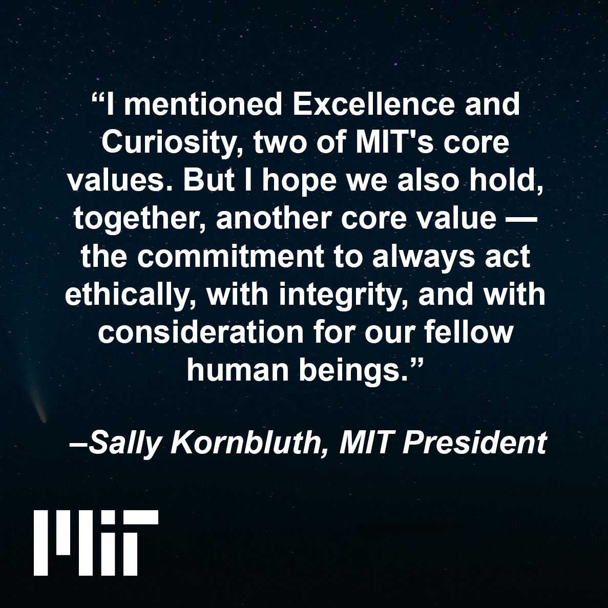 MIT's tweet photo. “Congratulations – and warmest best wishes to you for a happy life and fulfilling career!” Sally Kornbluth to the Class of 2026. https://t.co/jKgal4oQRF