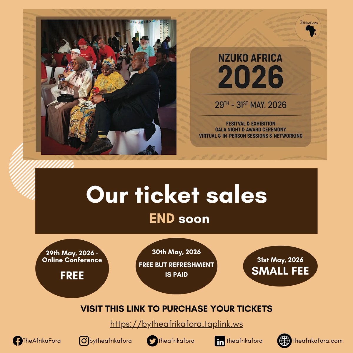 TheAfrikaFora's tweet photo. Nzuko Africa 2026 kicks off tomorrow, May 29th.
Ticket sales are officially wrapping up.

Don't wait.

🔗 Click this link to secure your pass before registration closes tonight: 👉
https://t.co/ZCgcSOTr2Y

#NzukoAfrica2026 #AfrikaFora #ParisEvents #GlobalSouth #DiasporaExcellence https://t.co/JR81AC25pR