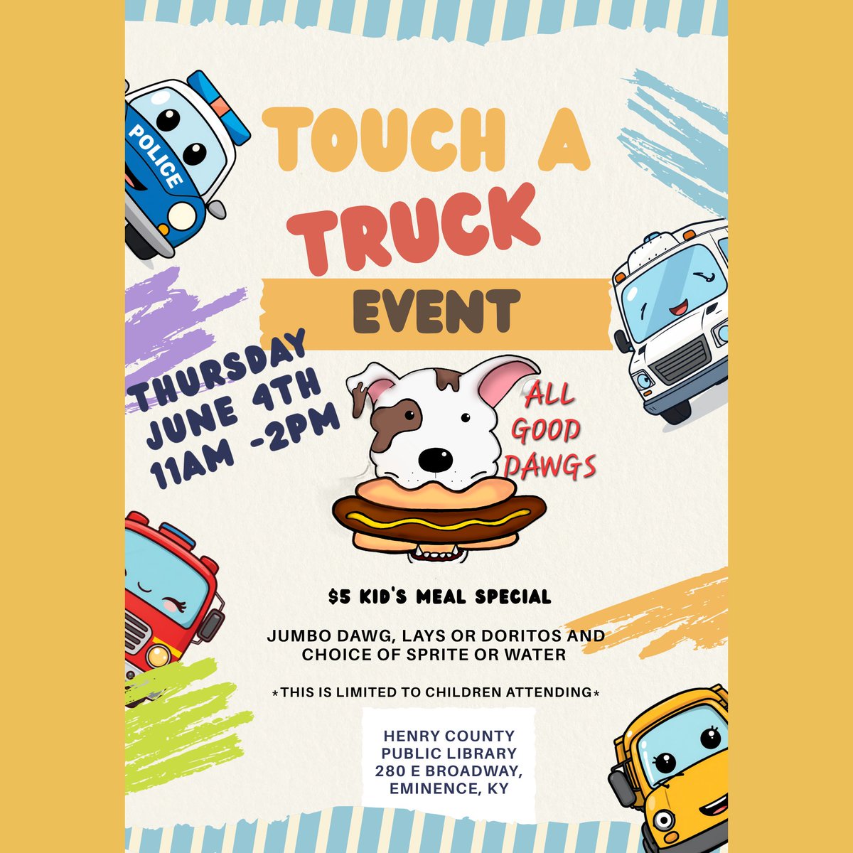 hcpl's tweet photo. On Thursday,  families can explore vehicles and chat with community helpers. All Good Dawgs will be at the library with lunch available to purchase. From noon until 12:30 p.m. HCPS Nutrition will also be on site with lunch and weekend meal bags for children. https://t.co/A5fM5thPIn