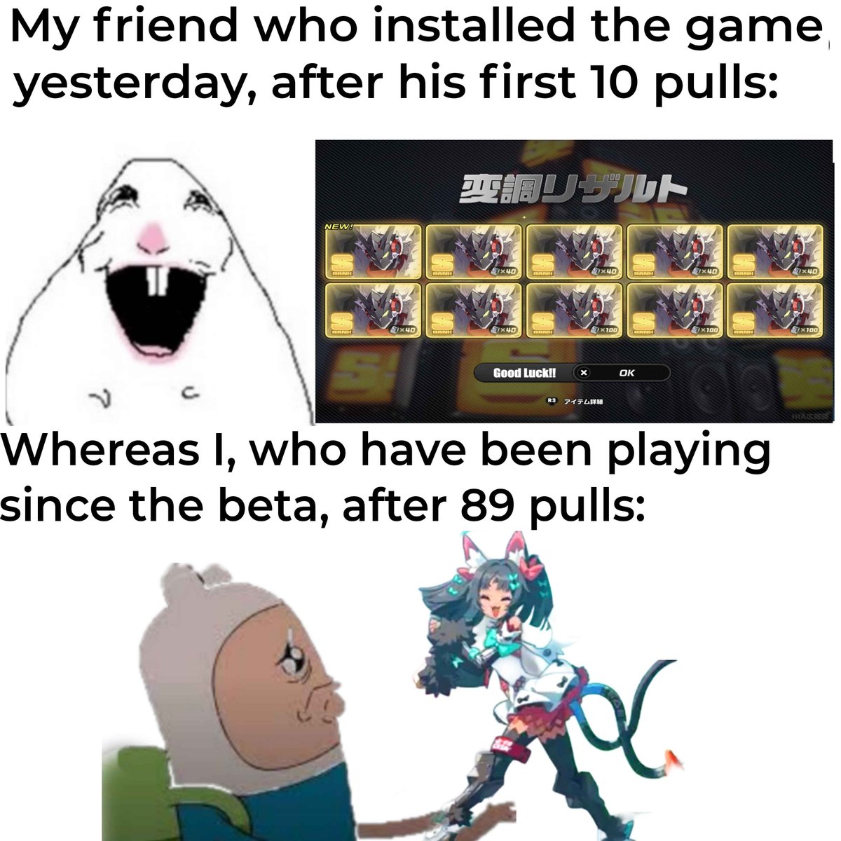 KeitaroTR's tweet photo. La suerte en una partida gacha puede influir mucho en la experiencia del jugador

1.- Perder todos los pitys y jugar agobiado por el fomo
2.- Ganar muchos pitys 

Yo en mi caso, pierdo 50/50 y sigo intentando disfrutar del juego.

¿Con cuál te definirías como jugador? https://t.co/FfgG3Tzq7V