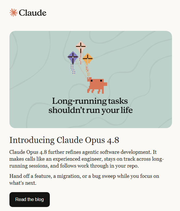 pixelcave_john's tweet photo. Claude Opus 4.8 is out https://t.co/kgf7HX6I57