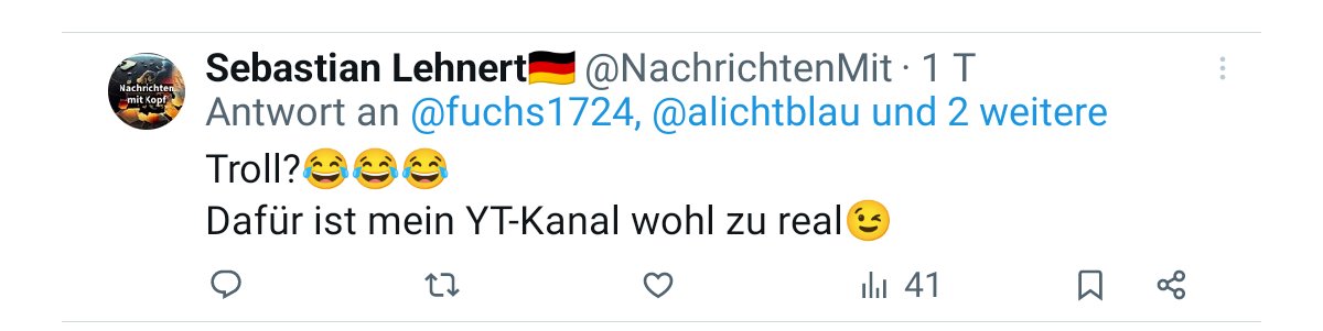 fuchs1724's tweet photo. @dirtyrichmusic @Coolnasenbaer @NachrichtenMit Den hatte ich auch. Sein YouTube Kanal ist noch schlimmer als NIUS. Schwurbler ohne Ende. Habe ihn auch darauf hingewiesen. Seine Antwort: https://t.co/ZhHxlwvSHM