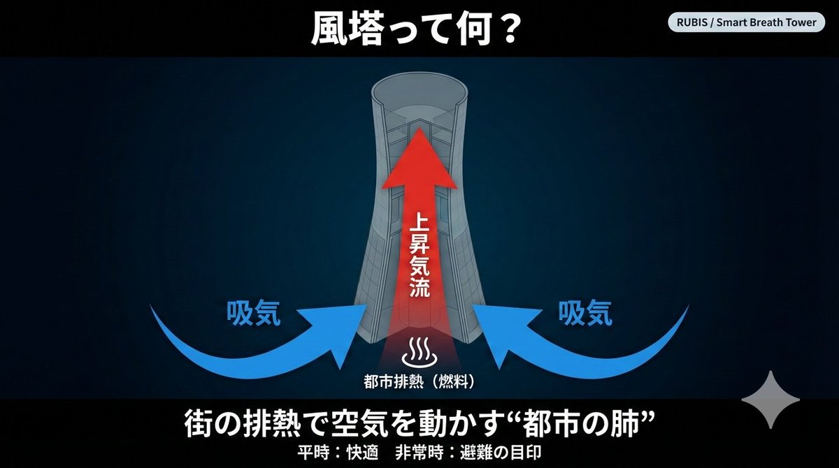 hopeget2's tweet photo. 改良統合版システム概要：RUBIS 風塔（循環ハブ＋延焼遮断＋熱ネットワーク）

1. 目的
風塔を「単体設備」から、**複合収益・資源循環・防災（延焼遮断）**を兼ねる 都市コアインフラへ進化させる。

占有スペースを“損失”にせず、平時の収益で維持更新費を内包し、非常時には 最低限の生活機能（換気・熱・電力・避難）を残す。

2. 核心コンセプト（統合の芯）
A) 占有スペースを資産化
風塔周囲を ドーナツ／コの字型の複合建築で囲い、賃貸・集客・公共機能を重ねることで、塔の面積損失を “複合収益物件”に転換。

B) 風任せを終わらせる（排熱で安定化）
建物排熱や温水系から 熱だけを回収（空気は混ぜない）し、煙突効果をブースト。

無風時も換気を安定化し、臭気・感染・逆流などのリスクを構造的に回避する。

C) 地下はデフォルト孤立、繋ぐなら短距離・目的限定
地下連結は「やれば得」ではなく、メリットが明確な場合のみ。

繋ぐなら 短距離（例：50m級）で、避難・保守・最小限の融通に限定。

防火・止水で分節し、浸水時に切り離せる。

D) “使える物は使い倒す”循環コア化
生ゴミ（段階導入で排泄物も）を密閉回収し、嫌気性消化で メタン（熱・電力）＋堆肥に変換。

堆肥は屋上/屋内農園へ、野菜はカフェ・レストランで活用し、循環を可視化して合意形成を強化。

E) 消防は「消火」より「延焼遮断」
消防塔（延焼遮断塔）機能を統合し、火災時は 火の粉・輻射熱・煙侵入の3要因を遮断。

“燃え広がらない街”を作る。

3. システム構成（モジュール）
3.1 地上：
複合収益・公共・象徴性
1F：
カフェ/防災備蓄/コミュニティ/教育展示

上層：
住居・オフィス・コワーキング（賃貸収益）
屋上：太陽光・蓄電・通信・展望（観光/広告/防災）

3.2 塔本体：
換気・環境制御
シャフト（煙突）、整流・消音、必要最小限の補助ファン
センサー（気象・空気質・振動・騒音）＋制御（AI/IoT）
夜間モード／住民向け“見える化”

3.3 熱モジュール：
排熱＋地中熱（都市部向け）
排熱は 熱交換器で熱のみ回収
地中熱HP＋BTES/PCM（都市部に適合、ピーク平準化）

目的：
換気の安定化＋冷暖房省エネ＋熱の地産地消

3.4 循環モジュール：
バイオガス＋堆肥＋農園＋飲食

生ゴミ：
密閉回収（負圧・脱臭）→嫌気性消化

メタン：
給湯・床暖房・必要に応じ発電（CHP）

残渣：
堆肥化→屋上/屋内農園→カフェに供給

ねらい：
平時の収益＋非常時の熱源確保

3.5 消防モジュール（延焼遮断塔）

火の粉ブロック：
風下に水幕ライン形成

輻射熱シールド：
避難路・境界の温度上昇抑制

正圧防煙：
駅入口・地下入口・避難室など限定空間を守る

3.6 地下モジュール：
直下設備室＋条件付きリンク

直下：
ファン・制御・ポンプ・排水・止水ゲート

連結：
短距離・目的限定（避難/保守/融通）

分節：
防火扉・止水ゲート・逆流防止・切離し手順

4. 成立の鍵（設計の3原則）
空気は混ぜない（熱だけ移す）
→ 臭気/感染/逆流の政治的リスクを最小化

メンテ導線最優先（止まらない設計）
→ 保守リング、床パネル式、MEP回廊で“開けて交換”
分節・切離しがデフォルト
→ 地下連結・火災・浸水時の波及を遮断

5. 平時と非常時の価値（“二毛作”）
平時（収益＋快適）
賃貸・飲食・農園・堆肥販売
省エネ（排熱＋地中熱）
都市の見える化（環境・健康）
非常時（生存支援）
最低換気・避難誘導
延焼遮断（火の粉/熱/煙）
熱源確保（メタン給湯・暖房）＋最小電力（蓄電/CHP）

6. 導入ロードマップ（通しやすい順）

Phase 0： 
象徴化＋見える化（カフェ・展示・センサー公開）

Phase 1： 
排熱“熱のみ”回収＋地中熱HP/蓄熱（都市で確実に効く）

Phase 2： 
生ゴミ→バイオガス（敷地内完結、段階導入）

Phase 3： 
延焼遮断モード実証（訓練・デモ・AR体験）

Phase 4： 
ネットワーク化（塔間連携・地下短距離リンク）

7. 一文で言うなら（提案の芯）
風塔を、都市の「呼吸」「循環」「延焼遮断」を担う複合収益ハブにする。

捨てるコストを資産に変え、平時の利益で非常時の強さを買う。