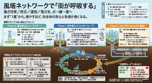 hopeget2's tweet photo. 改良統合版システム概要：RUBIS 風塔（循環ハブ＋延焼遮断＋熱ネットワーク）

1. 目的
風塔を「単体設備」から、**複合収益・資源循環・防災（延焼遮断）**を兼ねる 都市コアインフラへ進化させる。

占有スペースを“損失”にせず、平時の収益で維持更新費を内包し、非常時には 最低限の生活機能（換気・熱・電力・避難）を残す。

2. 核心コンセプト（統合の芯）
A) 占有スペースを資産化
風塔周囲を ドーナツ／コの字型の複合建築で囲い、賃貸・集客・公共機能を重ねることで、塔の面積損失を “複合収益物件”に転換。

B) 風任せを終わらせる（排熱で安定化）
建物排熱や温水系から 熱だけを回収（空気は混ぜない）し、煙突効果をブースト。

無風時も換気を安定化し、臭気・感染・逆流などのリスクを構造的に回避する。

C) 地下はデフォルト孤立、繋ぐなら短距離・目的限定
地下連結は「やれば得」ではなく、メリットが明確な場合のみ。

繋ぐなら 短距離（例：50m級）で、避難・保守・最小限の融通に限定。

防火・止水で分節し、浸水時に切り離せる。

D) “使える物は使い倒す”循環コア化
生ゴミ（段階導入で排泄物も）を密閉回収し、嫌気性消化で メタン（熱・電力）＋堆肥に変換。

堆肥は屋上/屋内農園へ、野菜はカフェ・レストランで活用し、循環を可視化して合意形成を強化。

E) 消防は「消火」より「延焼遮断」
消防塔（延焼遮断塔）機能を統合し、火災時は 火の粉・輻射熱・煙侵入の3要因を遮断。

“燃え広がらない街”を作る。

3. システム構成（モジュール）
3.1 地上：
複合収益・公共・象徴性
1F：
カフェ/防災備蓄/コミュニティ/教育展示

上層：
住居・オフィス・コワーキング（賃貸収益）
屋上：太陽光・蓄電・通信・展望（観光/広告/防災）

3.2 塔本体：
換気・環境制御
シャフト（煙突）、整流・消音、必要最小限の補助ファン
センサー（気象・空気質・振動・騒音）＋制御（AI/IoT）
夜間モード／住民向け“見える化”

3.3 熱モジュール：
排熱＋地中熱（都市部向け）
排熱は 熱交換器で熱のみ回収
地中熱HP＋BTES/PCM（都市部に適合、ピーク平準化）

目的：
換気の安定化＋冷暖房省エネ＋熱の地産地消

3.4 循環モジュール：
バイオガス＋堆肥＋農園＋飲食

生ゴミ：
密閉回収（負圧・脱臭）→嫌気性消化

メタン：
給湯・床暖房・必要に応じ発電（CHP）

残渣：
堆肥化→屋上/屋内農園→カフェに供給

ねらい：
平時の収益＋非常時の熱源確保

3.5 消防モジュール（延焼遮断塔）

火の粉ブロック：
風下に水幕ライン形成

輻射熱シールド：
避難路・境界の温度上昇抑制

正圧防煙：
駅入口・地下入口・避難室など限定空間を守る

3.6 地下モジュール：
直下設備室＋条件付きリンク

直下：
ファン・制御・ポンプ・排水・止水ゲート

連結：
短距離・目的限定（避難/保守/融通）

分節：
防火扉・止水ゲート・逆流防止・切離し手順

4. 成立の鍵（設計の3原則）
空気は混ぜない（熱だけ移す）
→ 臭気/感染/逆流の政治的リスクを最小化

メンテ導線最優先（止まらない設計）
→ 保守リング、床パネル式、MEP回廊で“開けて交換”
分節・切離しがデフォルト
→ 地下連結・火災・浸水時の波及を遮断

5. 平時と非常時の価値（“二毛作”）
平時（収益＋快適）
賃貸・飲食・農園・堆肥販売
省エネ（排熱＋地中熱）
都市の見える化（環境・健康）
非常時（生存支援）
最低換気・避難誘導
延焼遮断（火の粉/熱/煙）
熱源確保（メタン給湯・暖房）＋最小電力（蓄電/CHP）

6. 導入ロードマップ（通しやすい順）

Phase 0： 
象徴化＋見える化（カフェ・展示・センサー公開）

Phase 1： 
排熱“熱のみ”回収＋地中熱HP/蓄熱（都市で確実に効く）

Phase 2： 
生ゴミ→バイオガス（敷地内完結、段階導入）

Phase 3： 
延焼遮断モード実証（訓練・デモ・AR体験）

Phase 4： 
ネットワーク化（塔間連携・地下短距離リンク）

7. 一文で言うなら（提案の芯）
風塔を、都市の「呼吸」「循環」「延焼遮断」を担う複合収益ハブにする。

捨てるコストを資産に変え、平時の利益で非常時の強さを買う。
