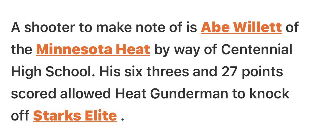 MnHeatGunderman's tweet photo. 🌟PLAYER SPOTLIGHT🌟

Abe Willett had a huge game against Starks Elite last weekend, earning him a spot on the @PrepHoops standout list! He had 27pts on 6-threes leading us to a win! Abe is a lights out shooter that has all the tools you’d want out of your PG!
@Abe_Willett11 https://t.co/OgZ7mNWpaC