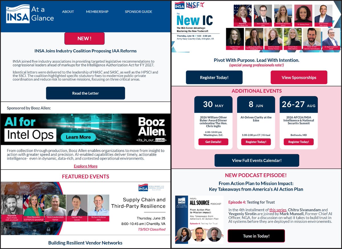 INSAlliance's tweet photo. #ICYMI Check out our latest newsletter packed with updates, insights, and new programs! A big thank you to our sponsor, @BoozAllen, for supporting this edition.

What’s inside:
🔹 INSA joins industry coalition proposing recommendations for FY27 IAA
🔹 Ryon Klotz (CIA) and Cheri Benedict (Executive Office of the President) join the speaker lineup for the classified Supply Chain and Third-Party Resilience program
🔹 New All Source Podcast episode, “Testing for Trust,” with former NGA Chief AI Officer Mark Munsell
🔹 Upcoming INSA Foundation programs, including a new AI Foundations Workshop and a virtual webinar on AI-Driven Clarity

👉 Read the full update here: https://t.co/bbPkK6zbPm

#Newsletter #IntelligenceCommunity