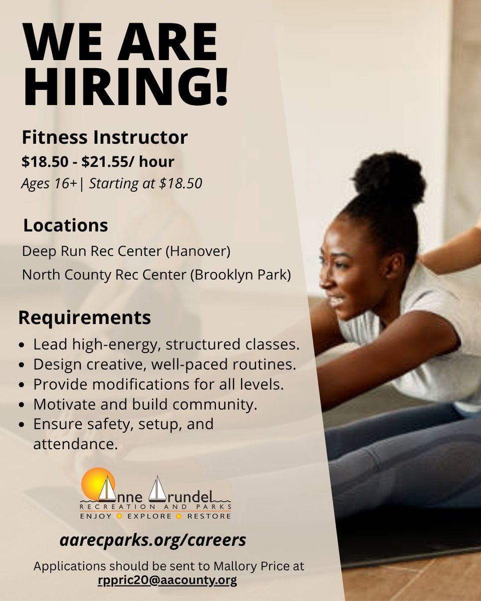 RecParks's tweet photo. We're hiring certified, energetic Fitness Instructors! 🏋️‍♂️🧘‍♀️ Join the team to lead fun, inclusive classes and help our residents (ages 16+) reach their health and wellness goals.

See the graphic for details &amp; apply today! ✨

🔗 https://t.co/PyIKGHHOC6 https://t.co/qnKA2luy0p