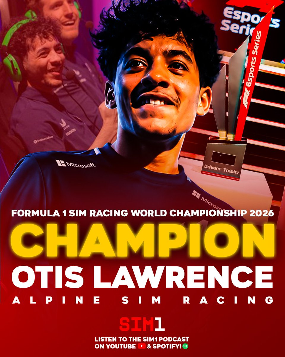 Sim1_Podcast's tweet photo. OTIS LAWRENCE IS THE F1 SIM RACING WORLD CHAMPION! 🏴󠁧󠁢󠁷󠁬󠁳󠁿🏆

The 6th different World Champion!

#Sim1 #F1Esports https://t.co/RcsOBxzU5u