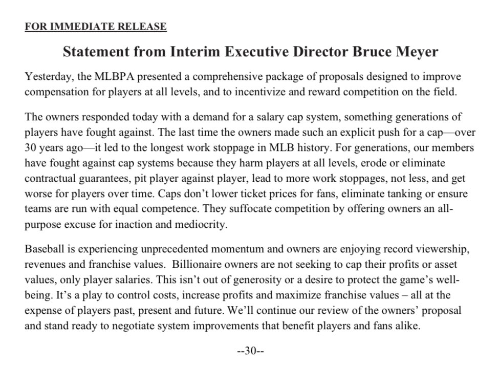 Alden_Gonzalez's tweet photo. The Union’s response to MLB’s cap proposal … https://t.co/Xrj1bAmj9H