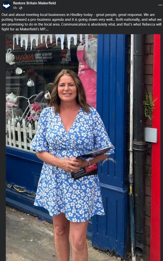 Dapper_DanUK's tweet photo. Where has Restore's Rebecca Shepherd gone?! 
She has VANISHED! 
I can't find ANY info on her, or her whereabouts at all! 

Oh wait, hang on… 
Let me spend 2 minutes actually looking instead of just reposting slop on X.

Ah, there she is... 
Out meeting local businesses in Hindley today, doing exactly what she should be doing.
