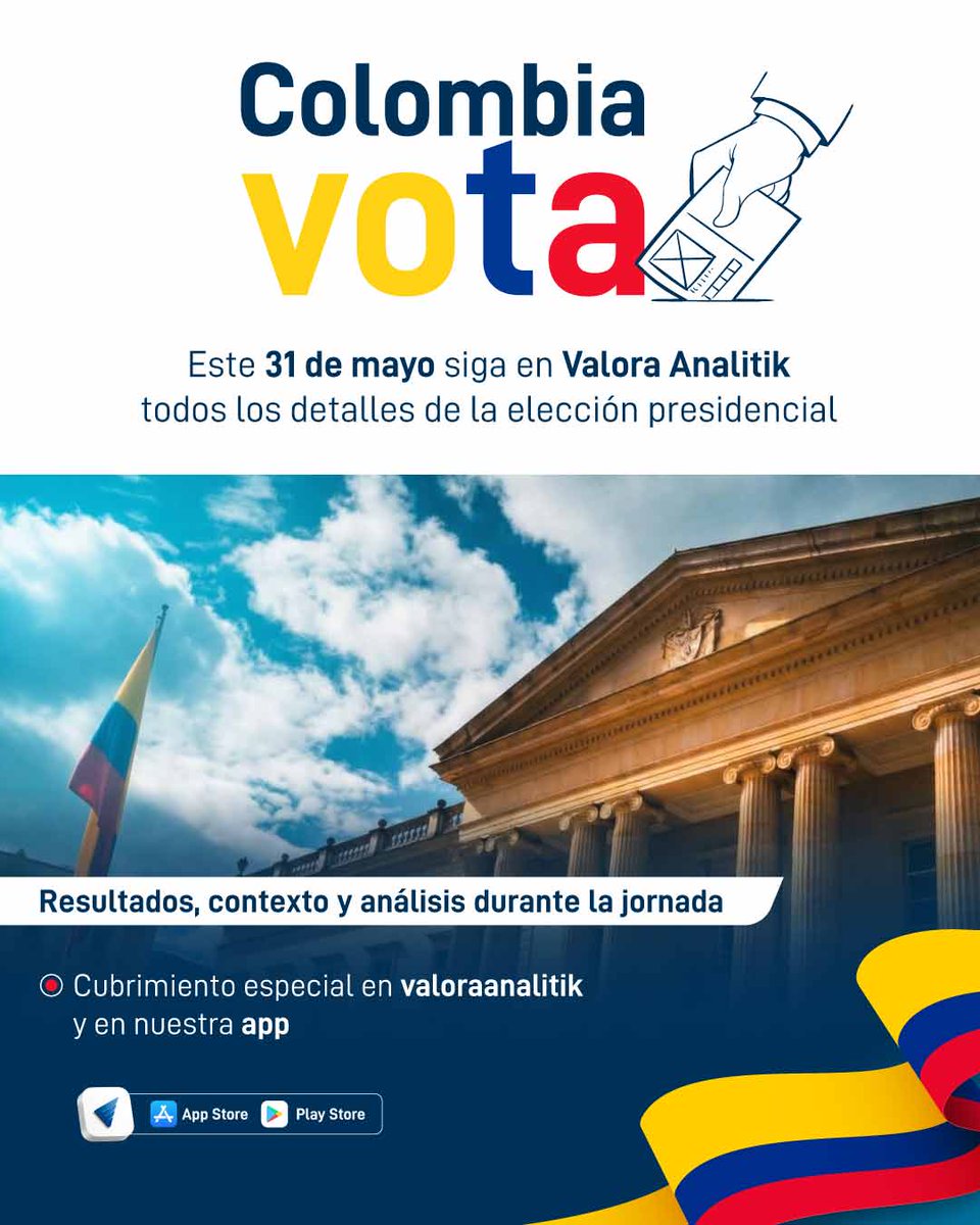 ValoraAnalitik's tweet photo. 🗳️ Colombia vota y en Valora Analitik estaremos acompañando cada momento de la jornada electoral.

Este 31 de mayo sigue con nosotros los resultados de la primera vuelta presidencial, el minuto a minuto del conteo y el análisis de lo que ocurre en el país durante una de las fechas más importantes para la democracia colombiana. 🇨🇴

Conéctate a nuestra cobertura: https://t.co/aghiqEwMuO

#Elecciones2026 #Política #Colombia