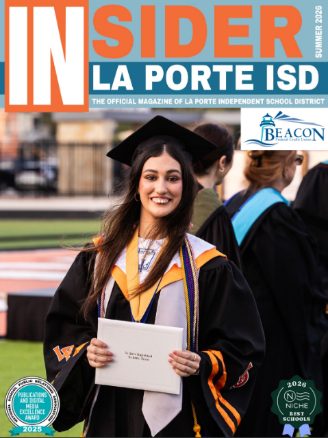 lpisd's tweet photo. The interactive summer edition of our national award-winning La Porte ISD Insider Magazine is now available. This edition features graduation photos, spring semester highlights, an alumni spotlight on La Porte High School graduate and recent NFL Draft pick Albert Regis, and much more!  https://t.co/fYCuLxwG0H