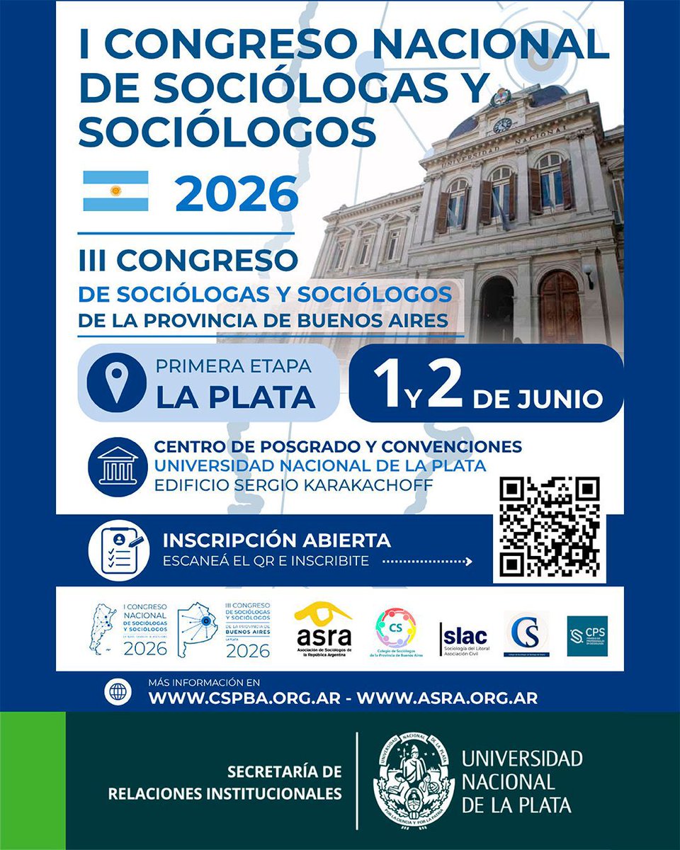 SRIUNLP's tweet photo. Invitamos al I Congreso Nacional de Sociólogas  y Sociólogos. El acto de apertura se llevará a cabo el lunes 1 de junio, a las 10 hs., en el edificio Sergio Karakachoff de la @unlp.
📍 Conocé más en
https://t.co/ZwVJEGOROC https://t.co/1XkGLKMP4g