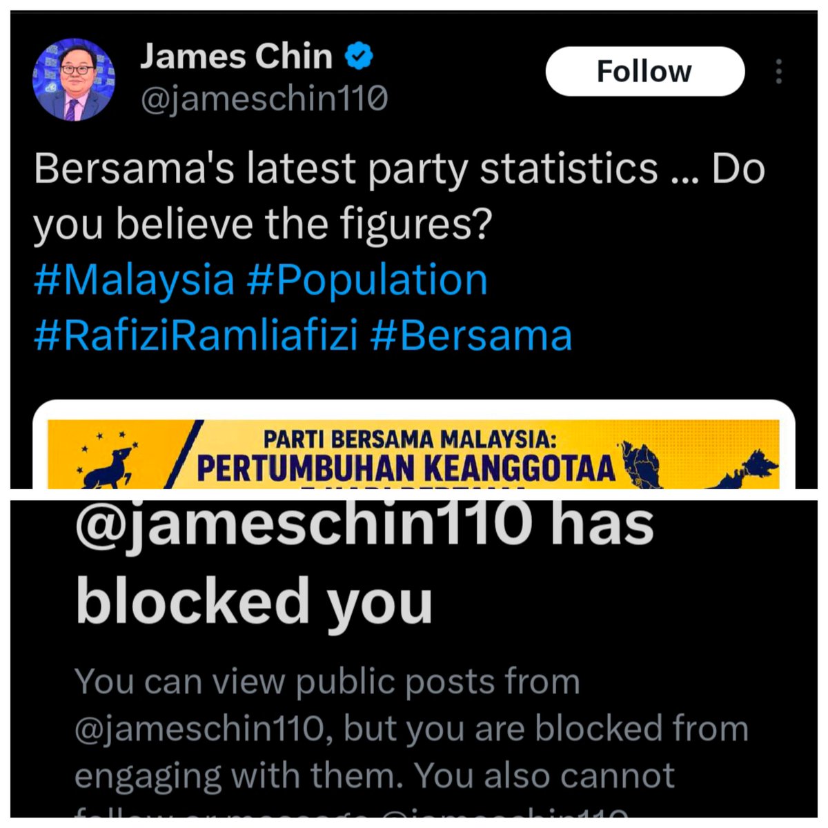 AfralAbdullah's tweet photo. 📌 Apakah perlu untuk menjadi seseorang yang apabila bercakap, air sungai yang "terdengar" berhenti mengalir, burung yang sedang terbang terhenti?

Pada aku, memadailah apabila kita bercakap, ia membuatkan orang yang mendengarnya nampak kebenaran dan kejujuran dalam setiap apa yang kita ucapkan. 

Janganlah sampai ketahap #Ceplos saperti @wfauzdin yang bukan saja tak beradab (kurang ajar), malah cakapnya yang akan meletak jawatan (parti) jika saudara @rafiziramli (RR) keluar parti pun hingga ke saat ciapan ini ditulis masih tidak ditunaikan. Cakap tak serupa bikin.

Abaikan saja orang saperti itu kerana percakapannya tidak mempamerkan kecerdikan atau kebijaksanaan.

Tak ada maknanya juga memiliki followers sebesar 79.9k atau 87.6k seperti #Ceplos² seangkatan Ketua Cabang PKR Paya Besar jika engagement sendu dan jumlah tanda suka pun boleh dibilang dengan jari. 

Itu menunjukkan ciapan mereka sendiri sebenarnya tidak resonate dengan target audience. Biarkan saja mereka terus mencemuh & memperlekeh kepimpinan dan parti Bersama kerana pembaca dan rakyat bijak menilai. Dalam parti #Bersama, kita cuba menitikberatkan kualiti dari kuantiti, fakta dan bukan auta.

📌 In a recent post, James Chin (@jameschin110) raised the following question: “Bersama’s latest party statistics... Do you believe the figures?

Too bad I’m unable to respond, as he has blocked me. It actually took me a while to recall who James Chin was and why he had blocked me in the first place.

As a Professor of Asian Studies at the University of Tasmania and a political analyst, he regularly shares his views on current political developments. It is undeniable that some professors and analysts offer sharp, thoughtful and meaningful insights, but there are others who are often dismissed by the public as merely “Professor Kangkung.”

Perhaps my response to one of his tweets offended him, which may explain why I was eventually blocked.

It’s quite disappointing that I’m unable to read and respond to his post since his question was about Bersama's party statistics. 

I’m also not sure whether any Bersama members have replied to his question.

📌 There has been ongoing political speculation and public discussion about Najib Razak potentially being released from prison through a full royal pardon. 

If this speculation were to turn out to be true, what would it mean for the Madani Government as PRU-16 approaches — especially for Anwar Ibrahim? Would it suggest that pressure from UMNO has had an influence on his position, and how would DAP likely respond to such a development?

📌 So far, two people have questioned why my post is “too long.” 

Frankly, I don’t quite understand why that should even become an issue when everyone is free to read only the title, a few paragraphs, or the entire piece — the choice is entirely theirs.

Back during my working days, I spent a lot of time reading motivational books by well-known authors like Dale Carnegie to improve my public speaking skills. 

As public speaking was part of my job responsibilities, his books helped me a lot.

Book titles such as The Quick and Easy Way to Effective Speaking, Develop Self-Confidence, Improve Public Speaking, and How to Stop Worrying and Start Living contain hundreds of pages, yet I read them because I find value in the content.

So, if some people already find it difficult to finish reading my tweet or my long post, it does make me wonder how they would cope with finishing an actual book.

#BERSAMA #PRN #GE16 #PANDAN #LTL

Feel free to visit https://t.co/yHM6bf0UsN to get yourself registered as a new Bersama party member.