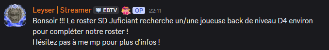 bablepecheur's tweet photo. bonsoir à tous ! La SD Juficiant recrute une backline, hésitez pas à venir me mp ou mp leyser si certains sont intéressés ^-^ https://t.co/TaFJaMFBfy