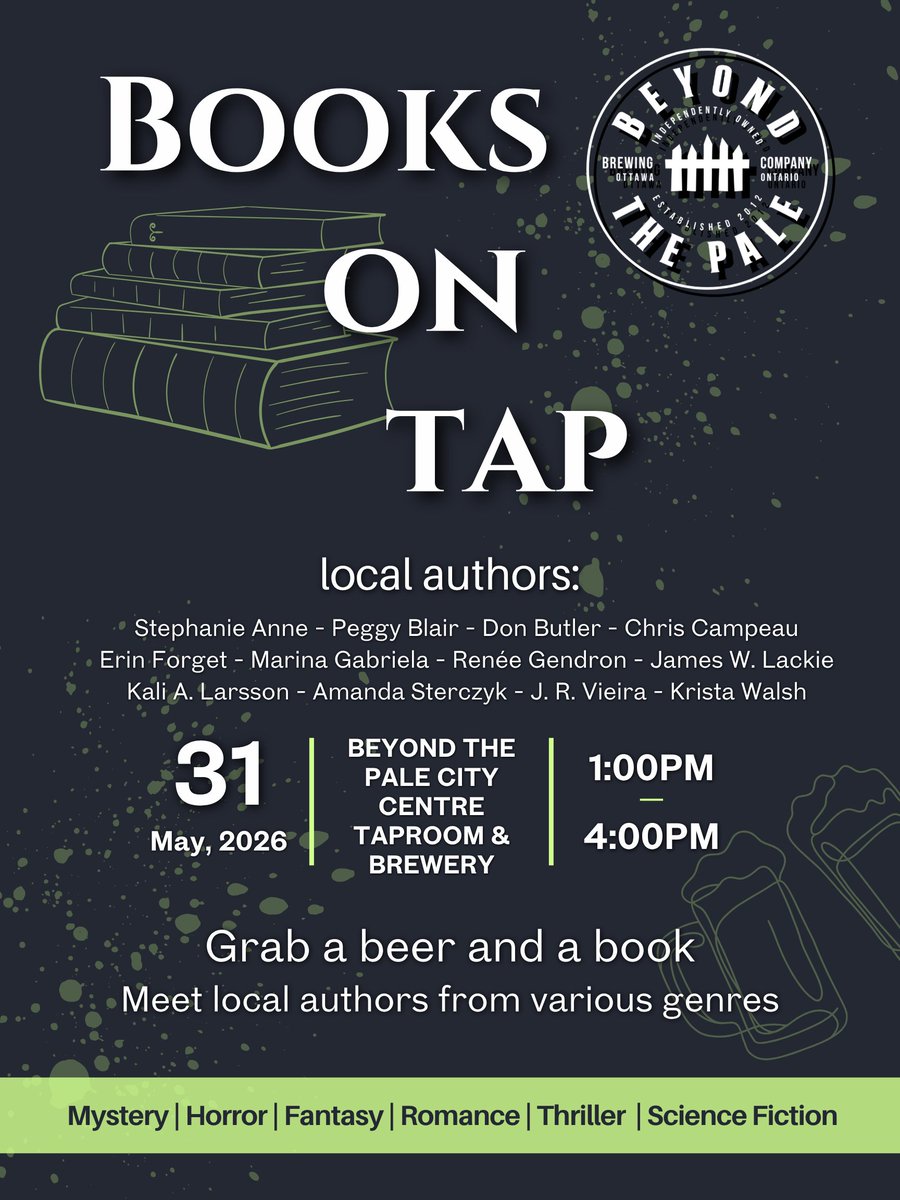 peggy_blair's tweet photo. This Sunday afternoon 1-4 PM, everyone! Books on Tap at Beyond the Pale Brewery! C'mon by and say hello to a fabulous group of local authors! #Ottawa #shopLocal #supportCanadianAuthors https://t.co/pwwRRQVMyR