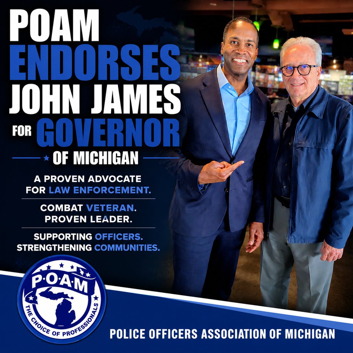 MIPOAM's tweet photo. The Police Officers Association of Michigan is proud to endorse John James for Governor of Michigan.

As a longtime supporter of law enforcement, James has consistently stood alongside Michigan police officers, first responders, and their families.

#BackTheBlue #JohnJames https://t.co/Y03yzSVd1t
