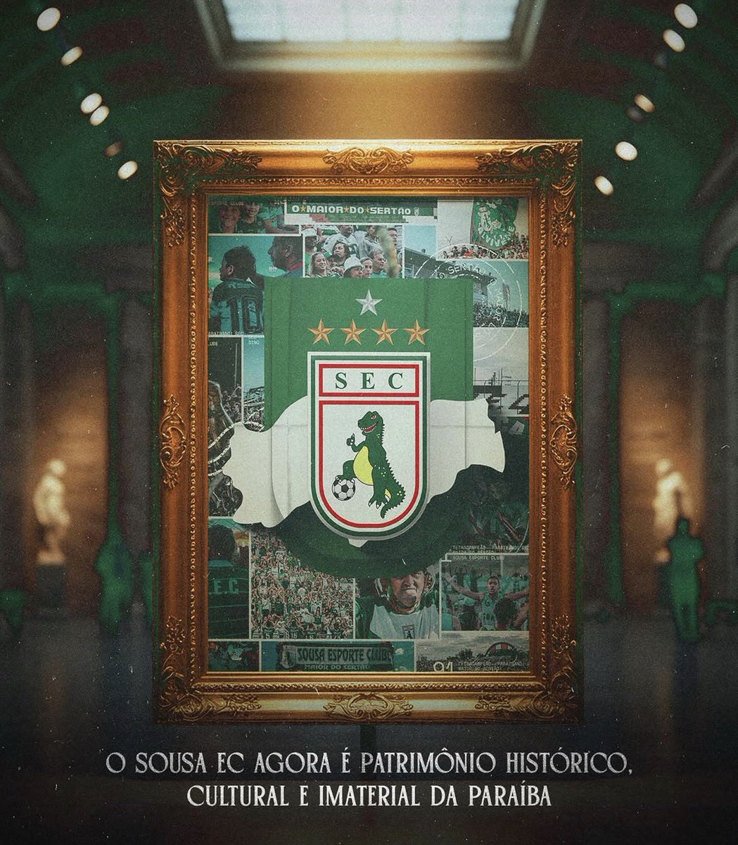 SousaEC91's tweet photo. 🦖💚 História, identidade e sentimento de um povo inteiro.

O Sousa EC agora é oficialmente Patrimônio Histórico, Cultural e Imaterial da Paraíba. Um reconhecimento que eterniza muito mais que um clube: eterniza a paixão, a resistência e o orgulho do sertão paraibano. https://t.co/qoFKvC3LuM