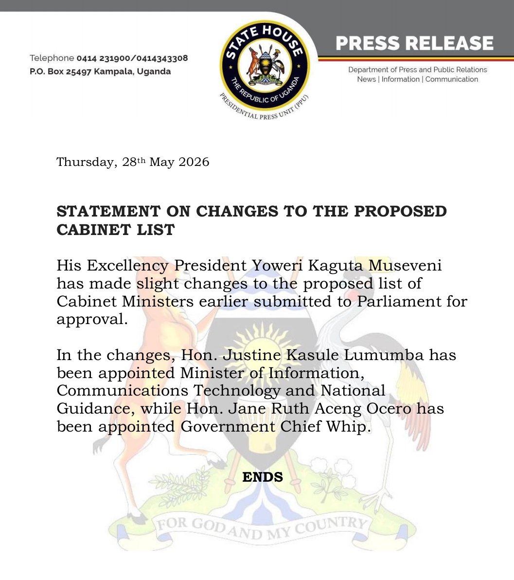 MNathan26's tweet photo. Changes made in the Cabinet list .
@JustineLumumba  now the minister for ICT and @JaneRuth_Aceng the government chief whip . https://t.co/KCkCI3QIGZ