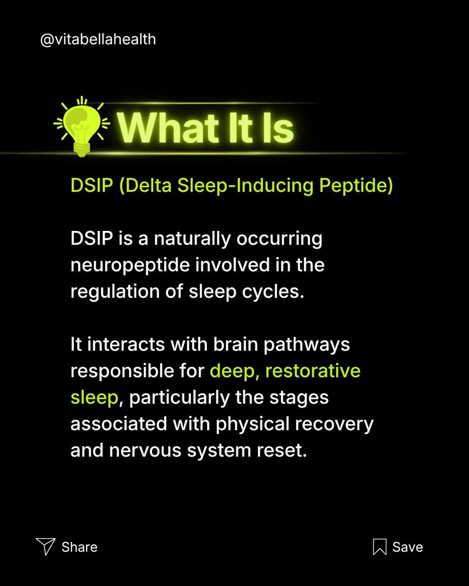 vitabellahealth's tweet photo. “Your brain forgot how to sleep.”
Sleep isn’t just bedtime—it’s brain + nervous system function.
DSIP is being studied for deeper, more restorative sleep + cycle support.
Not sedation—supporting natural sleep.
Labs + provider guidance matter.
#SleepOptimization #DeepSleep https://t.co/4N3Ub1Yzj4