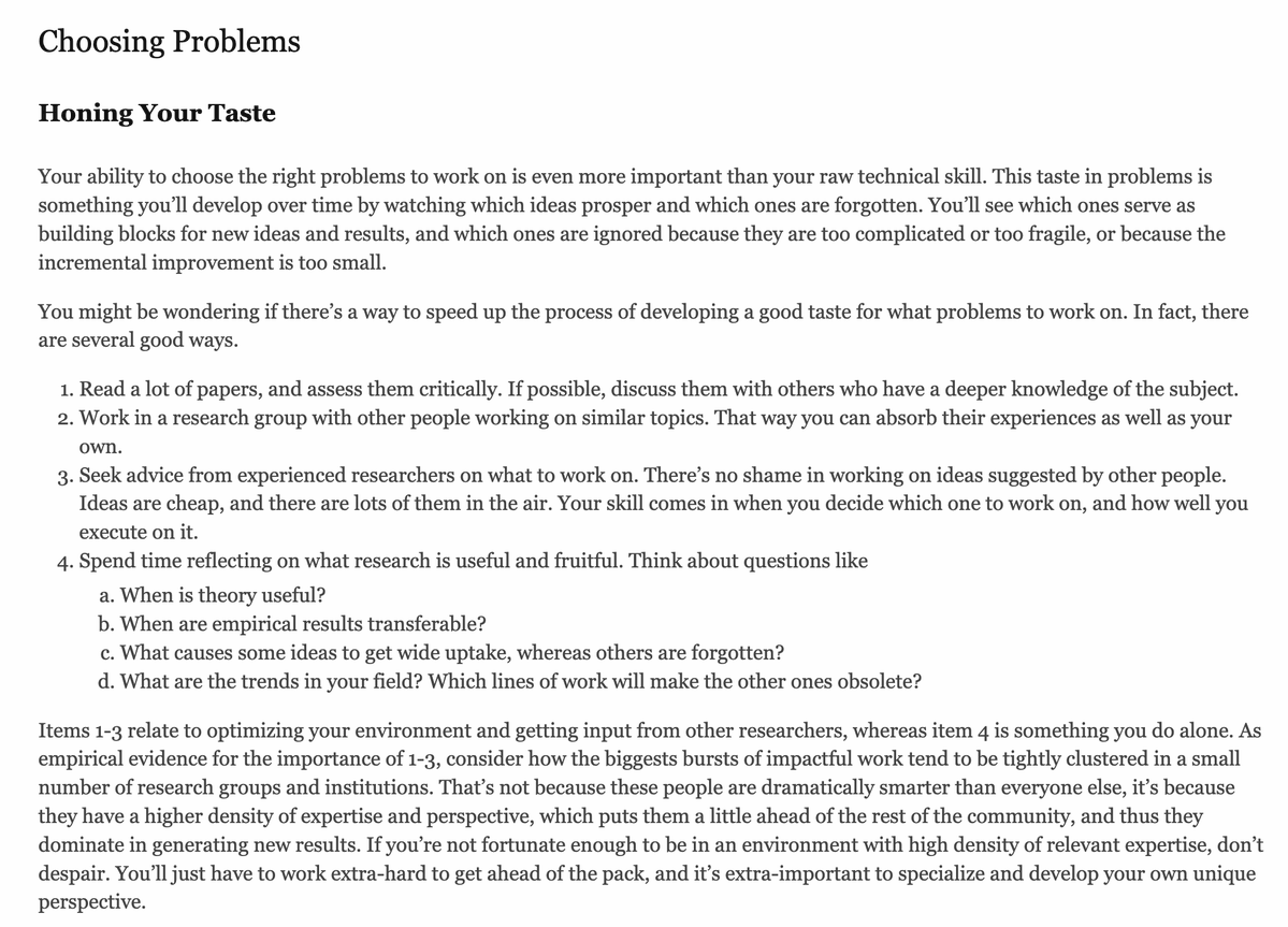 levidiamode's tweet photo. 145/365 of GPU Programming

A few additional resources that are helping me get a better sense of ML research as a process and what "taste" might mean when people talk about problem selection:  
-https://t.co/hV19P3dEtX by Bill Freeman
- https://t.co/s6rRrJLcTd by @tomssilver
- https://t.co/dmvozUfqgg by @johnschulman2 
- https://t.co/FONXA8Gq1f by @MarekRei 
- https://t.co/sGFfKcg3Sl by @seb_ruder
- https://t.co/hzzGBiGkF4 by @LouisKirschAI
- https://t.co/Gc9GC3R8yd by @ericjang11 
- https://t.co/X3FT1gs5Sw by @ch402

Some of these go back over a decade but I think are just as relevant today. I can't say I have any research taste yet or know what good ML research is yet but these blog posts have been really helpful in understanding the perspective of how great researchers select what to work on a bit better.