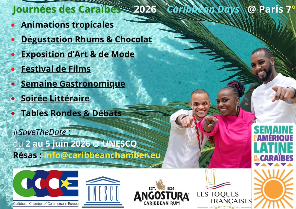 CCCEur's tweet photo. #SaveTheDate & Joignez nous pour les #JournéesdesCaraïbes #CaribbeanDays" @UNESCO du 2 au 5 juin 2026. Pour le programme et plus d'infos, visitez : https://t.co/MLW8mYZvM0 #Caraibe #Caribbean #CARIFORUM #CCCE #SALC2026 #UNESCO #Paris #Angostura #Toquesfrancaises #Festival https://t.co/6pWnCXjmSm
