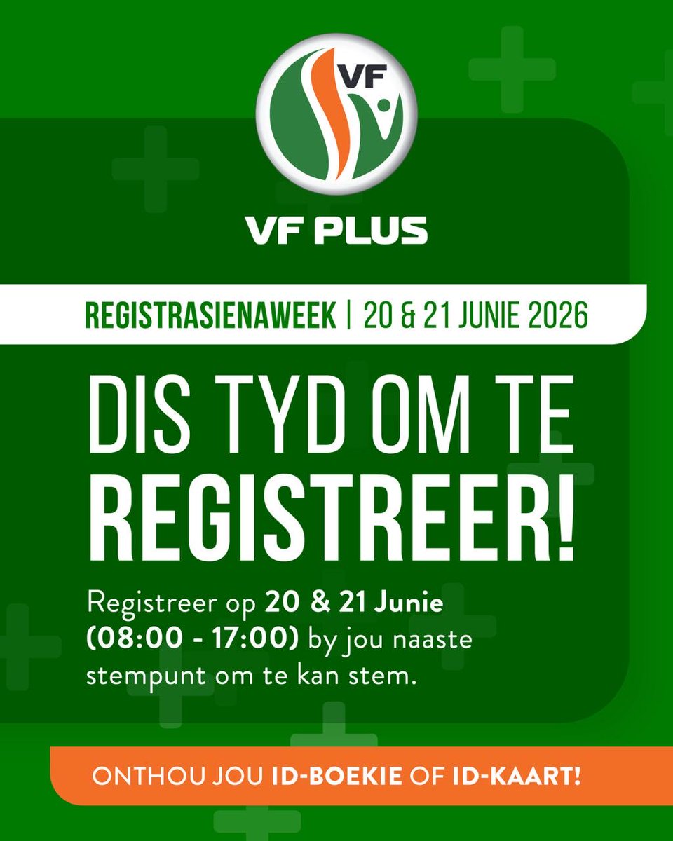 Philipvanstaden's tweet photo. ‼️  REGISTRATION WEEKEND | 20 &amp; 21 June 2026 🗳️
‼️ REGISTRASIENAWEEK | 20 &amp; 21 Junie 2026 🗳️

#DisOnsTyd #2026Verkiesing #VFPlus #ItsOurTime #2026Elections https://t.co/ftobDotxAV