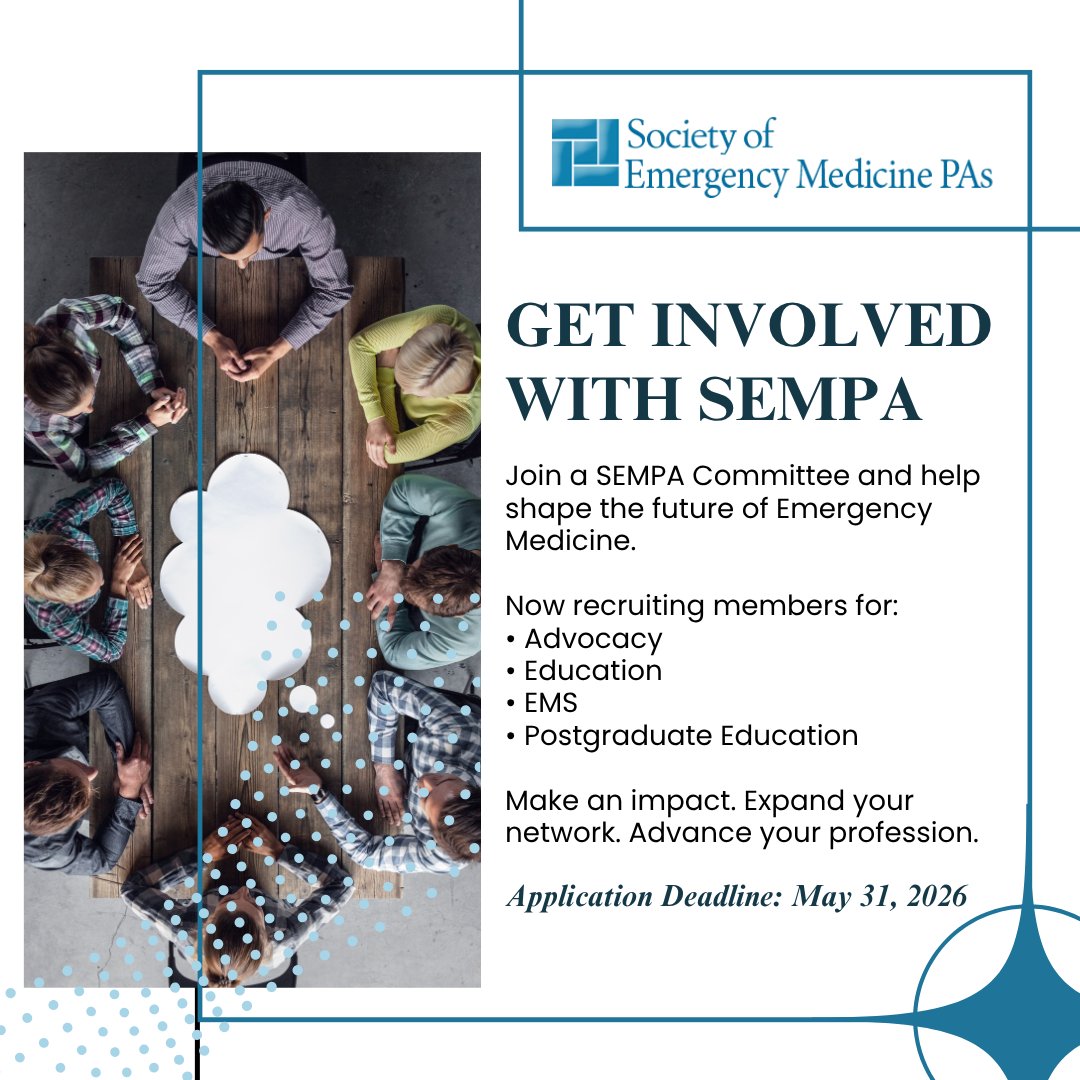 SEMPA360's tweet photo. Looking to take a more active role in SEMPA? We're seeking passionate members to serve on our Advocacy, Education, EMS, and Postgraduate Education Committees.

This is a great way to help shape the future of Emergency Medicine.

Apply by May 31: https://t.co/M1dYi6l7Ws https://t.co/LvR1puVtwH