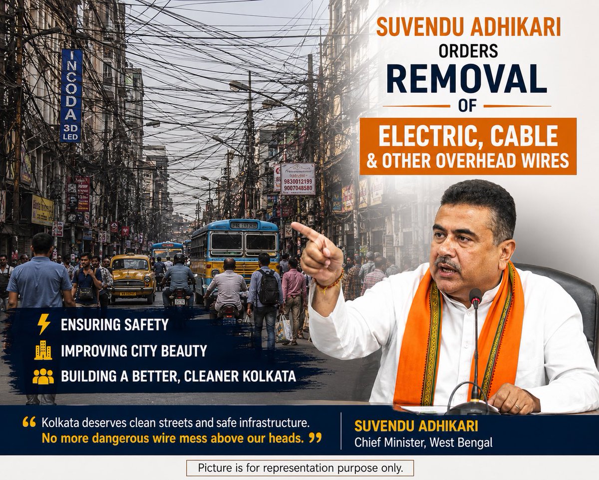 AdhyaAbhijit's tweet photo. Dear CM @suvenduwb, Kolkata &amp; many Bengal towns still face dangerous overhead electric, internet &amp; cable wires. They spoil city beauty and pose risks like fires, accidents &amp; illegal tapping. A phased underground wiring plan can improve safety, modernize infrastructure &amp; beautify. https://t.co/GpZjv5IeGu