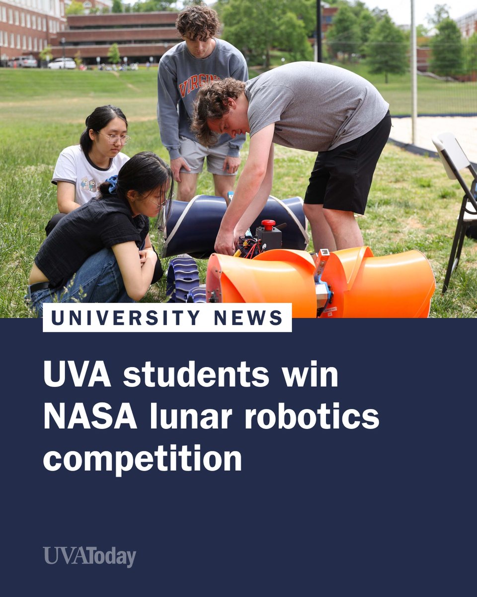 UVA's tweet photo. A team of 22 UVA students took home the top prize at NASA’s 2026 Lunabotics Challenge! 🏆🧡 

The student-run Mechatronics and Robotics Society, or MARS, competed against teams from across the country in the annual event, which challenges college students to design and build robots intended to help future astronauts work and build on the moon. https://t.co/x4IQjIt5nM