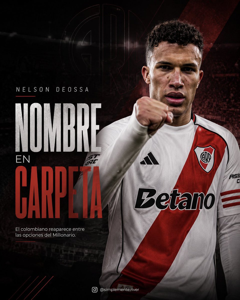 simplementeRiv's tweet photo. 🔴⚪ River negocia por Nelson Deossa
El mediocampista colombiano de 26 años volvió al radar millonario. Coudet dio el visto bueno y ya hay gestiones para traerlo tras el Mundial.
Tiene contrato con Betis hasta 2030.

❓ ¿Es el refuerzo que necesita el mediocampo de River?

ℹ️: @GerGarciaGrova 
#RiverPlate #CARP #MercadoDePases
