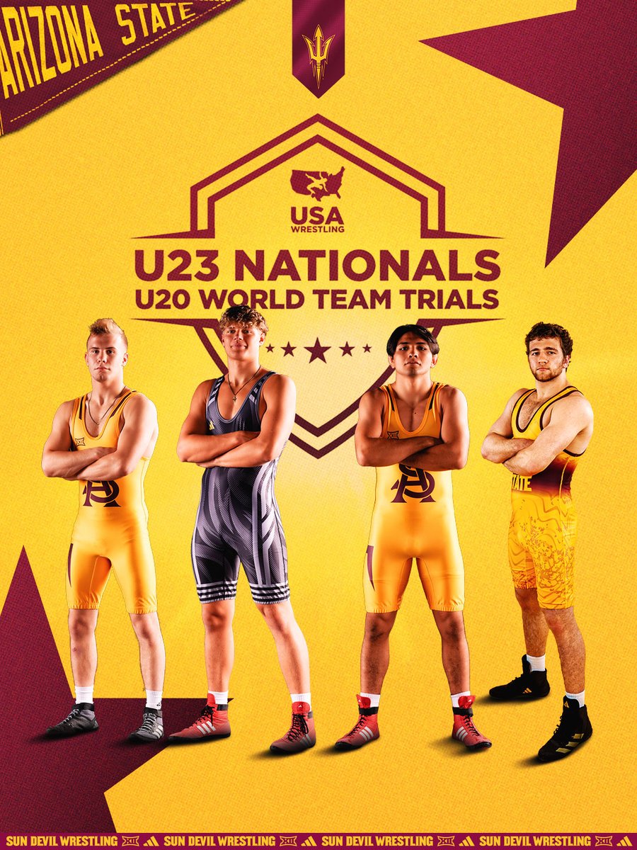 ASUWrestling's tweet photo. The world stage awaits 🇺🇸
 
Best of luck to our guys this weekend at the U23 Nationals and U20 World Team Trials! 
 
📰: https://t.co/Gbuiw4Qwvu https://t.co/oFa8p8EgdT