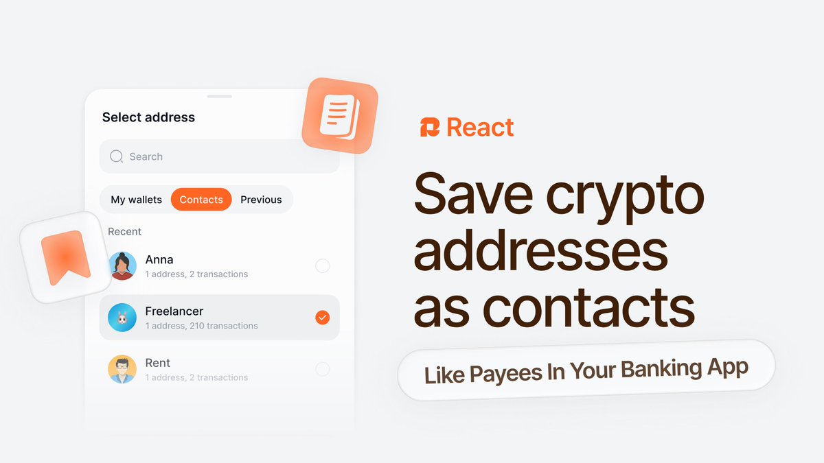 ReactWallet's tweet photo. Copy-pasting wallet addresses every time feels insane.

React is bringing a simpler approach: save crypto addresses like payees in a banking app.

Add a contact once, recognize the name later, and send without hunting through old messages for a long address.

Less copying. Fewer mistakes.