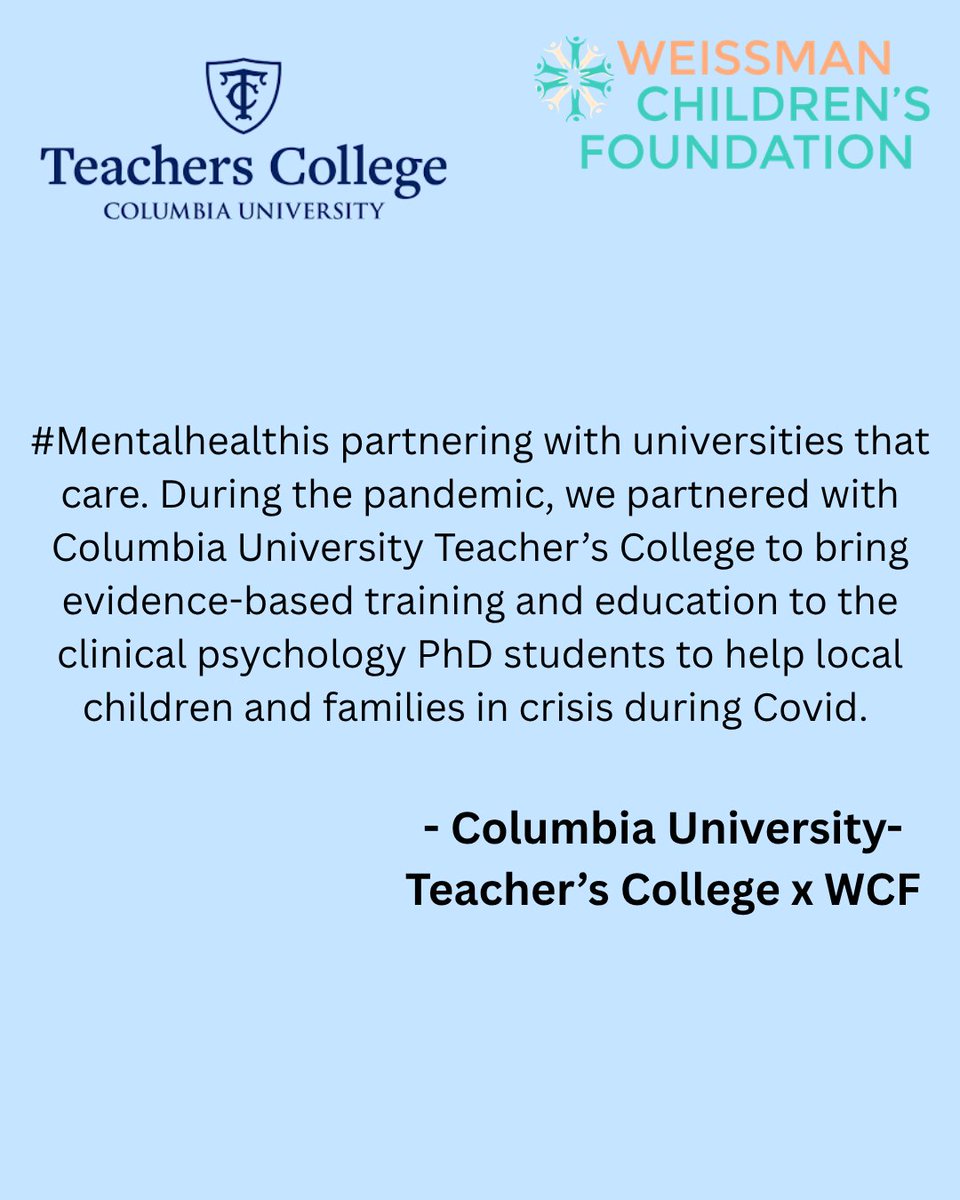 ChildFamilyInst's tweet photo. Thank you, Teachers College, Columbia University, for your ongoing support of WCF's mission and the #MentalHealthIs Challenge! https://t.co/ejiulYK2di