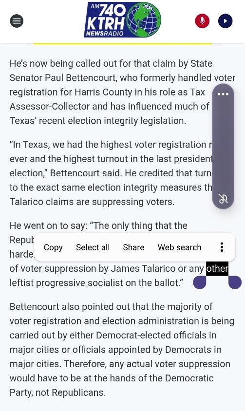 TeamBettencourt's tweet photo. I posted this @ktrhnews story after Rep. @jamestalarico preposterously claimed the #TexasGOP is suppressing voters, but who is really suppressing whom?

1st, over half of Texans live in counties like Bexar, Dallas, El Paso, Harris, Travis, the Valley, and the I-35 corridor, and have elections run by Democrat elected or appointed officials. So is he saying these county Democrats are suppressing local voters?

2nd, TX had a record voter roll and record numerical turnout in the 2024 Presidential Election. So how can Texas have record voter participation and, at the same time, Talarico allege voter suppression?! James, what actual evidence do you have to back up this political claim? Send it to #txlege!

KTRH Ethan Buchanan has the story here: https://t.co/Cx9httkvEj

My full Facebook post & response👇
https://t.co/44BxgKRUif
-PB

@TexasSenateGOP @TexasGOP